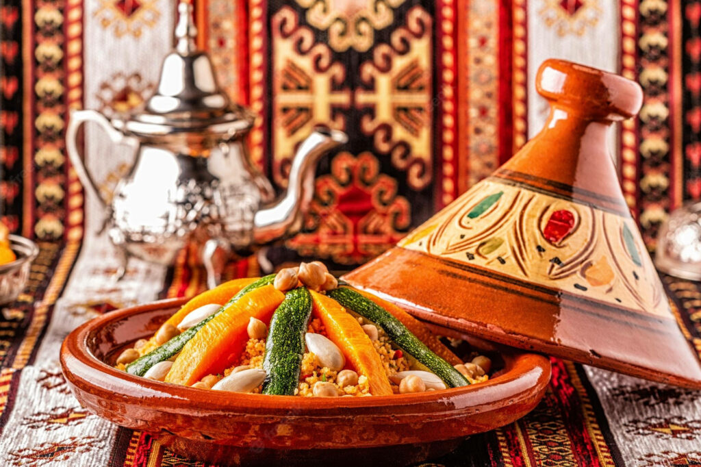 Vibrant Vegetable Tajine Wallpaper with Cultural Background Design