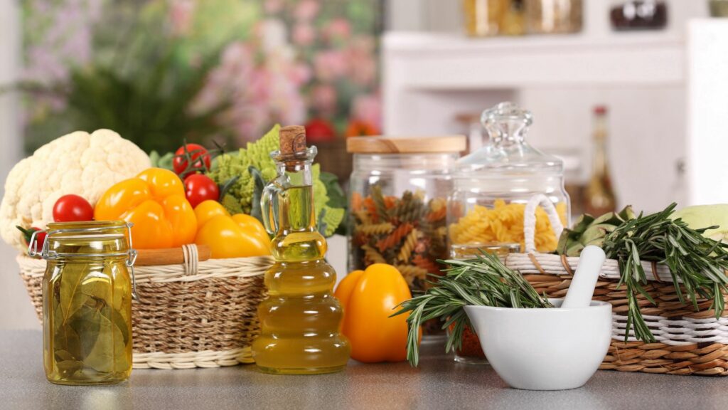 Vibrant Veggie Display: Fresh Ingredients for a Cozy Kitchen Wallpaper