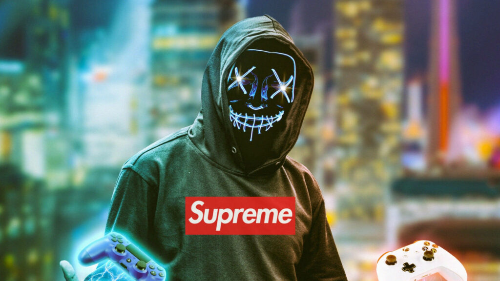The Stylish Rebel: Vibrant Neon Mask and Supreme Sweater Set Against a Cool Background Wallpaper