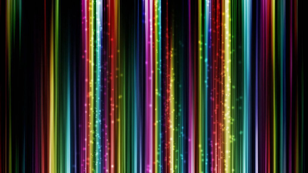 Vertical rainbow neon light streaks with sparkles on sleek black background wallpaper