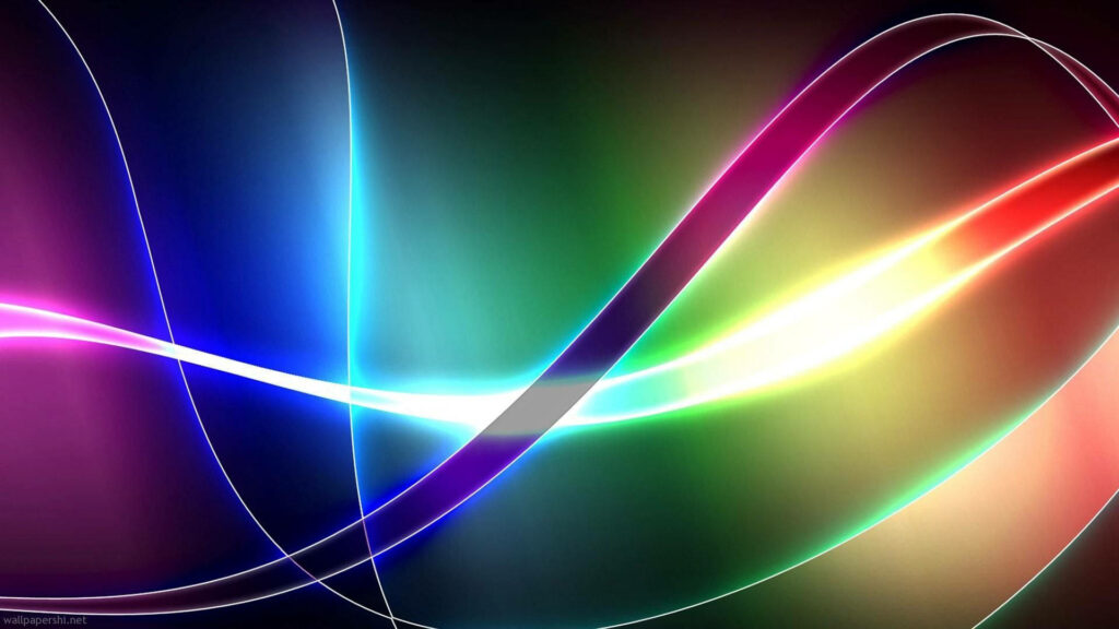 Neon rainbow ribbons wallpaper with glowing magenta blue green light trails on dark background