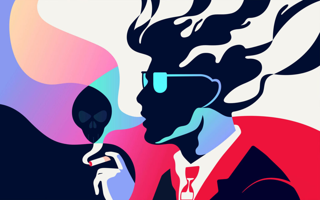 Stylish Nicotine Enthusiast: Vibrantly Striking Smoking Man Wallpaper Amidst a Fanciful Wave Background