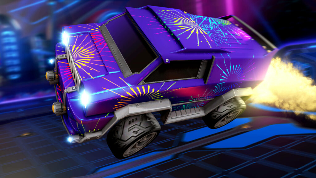 Vibrant Fireworks Fury: 2K Wallpaper of a Colorful Merc Rocket League Car