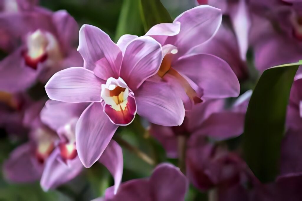 Serene Violet Cymbidium Orchids Wallpaper with Lush Green Foliage