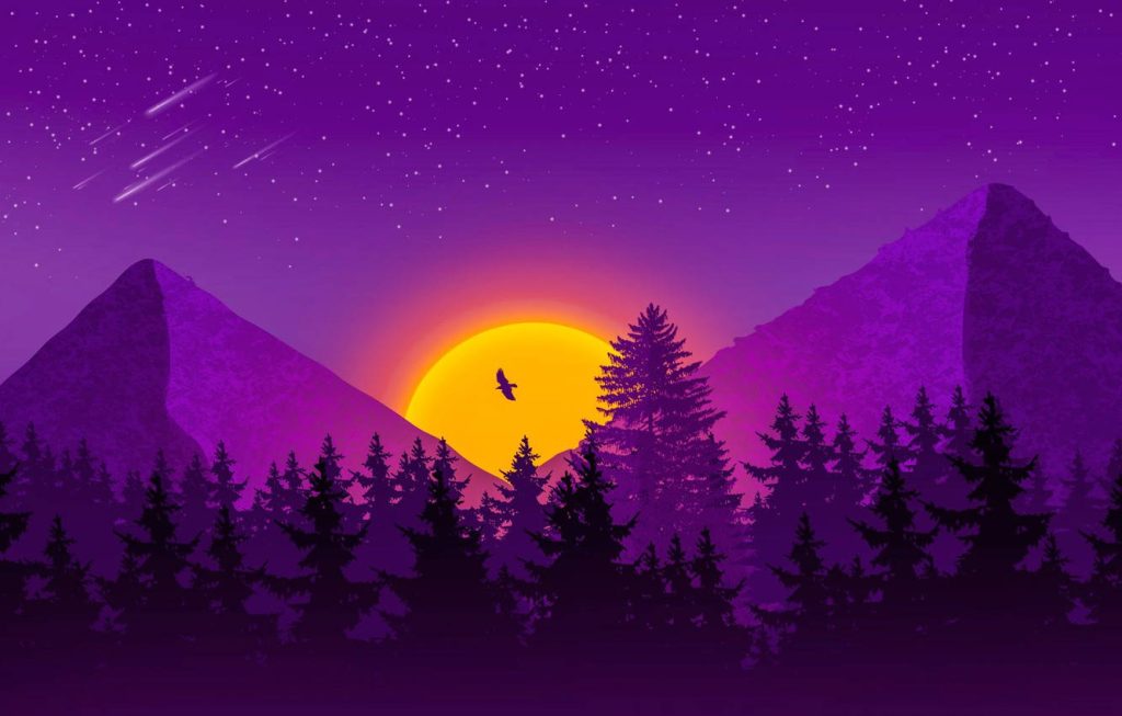 Vibrant violet nature landscape iPad Pro wallpaper with glowing sun mountains pine trees bird night sky