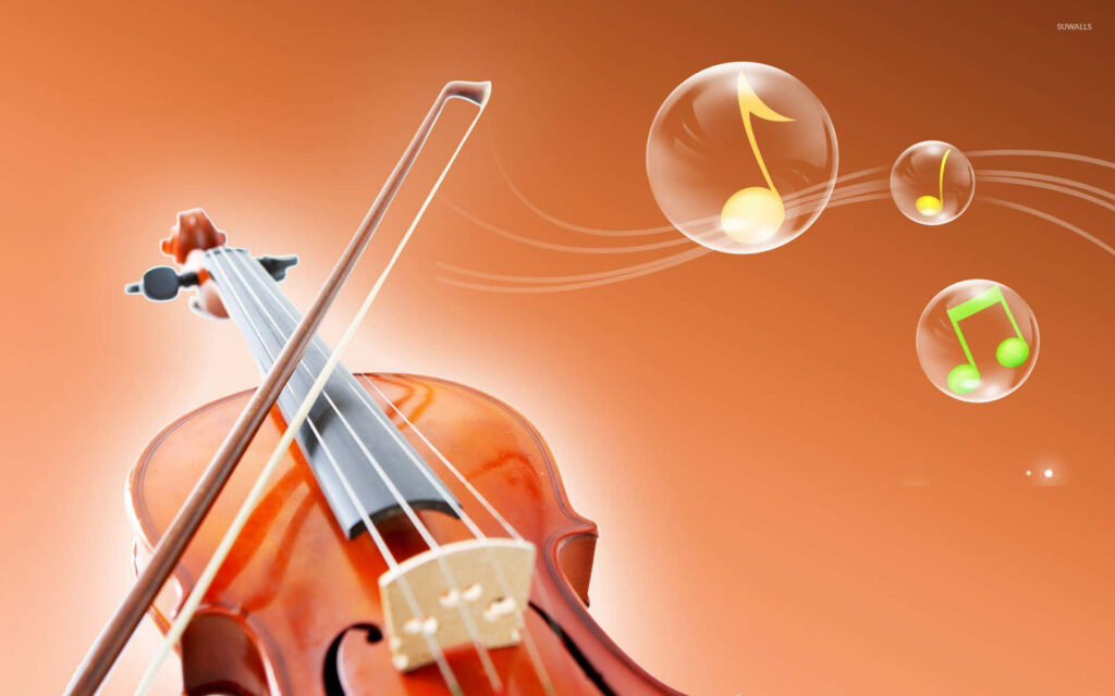 Whimsical Violin Wallpaper with Musical Notes on Warm Orange Background