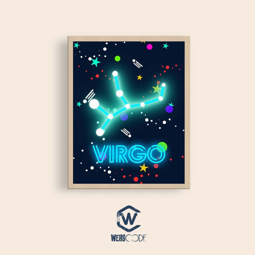 Vibrant Virgo neon constellation wallpaper with cyan lines and colorful stars on navy backdrop