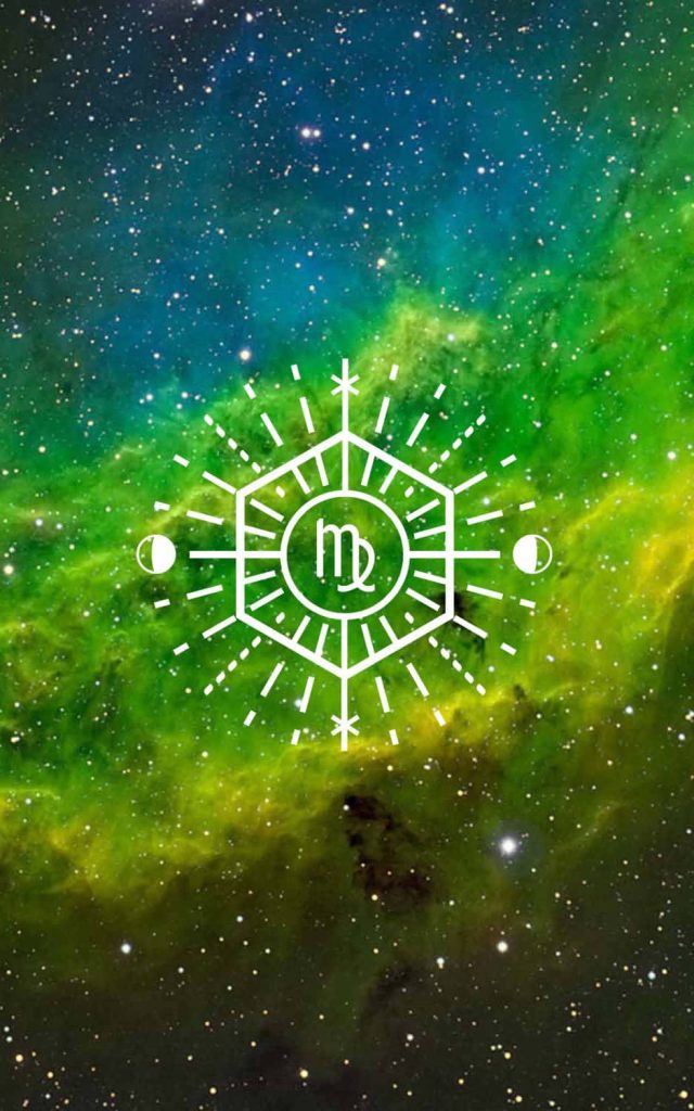 Virgo zodiac symbol in geometric frame with vibrant green and blue cosmic nebula background Wallpaper