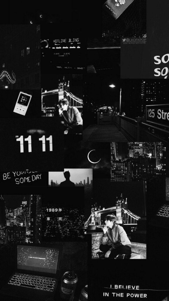 Vibrant Vignettes: A Striking Black Aesthetic Phone Wallpaper with BTS Star V and Curated Elements