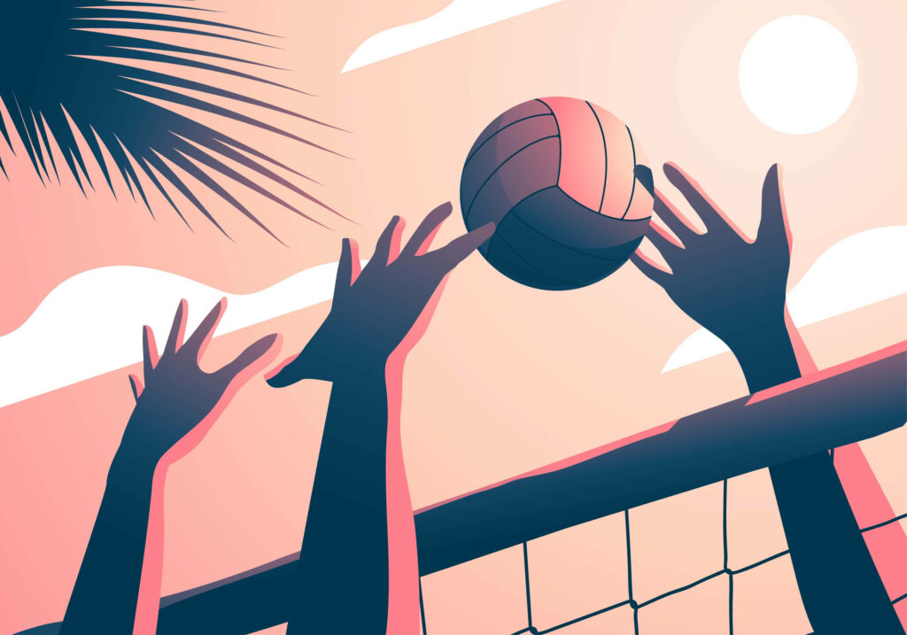Vibrant Volleyball Wallpaper: Serve & Block Silhouettes at Sunset