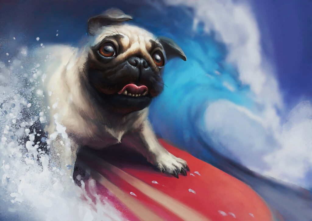 Adventure Awaits: Pug Surfing on a Red Board in Dynamic Waves Wallpaper