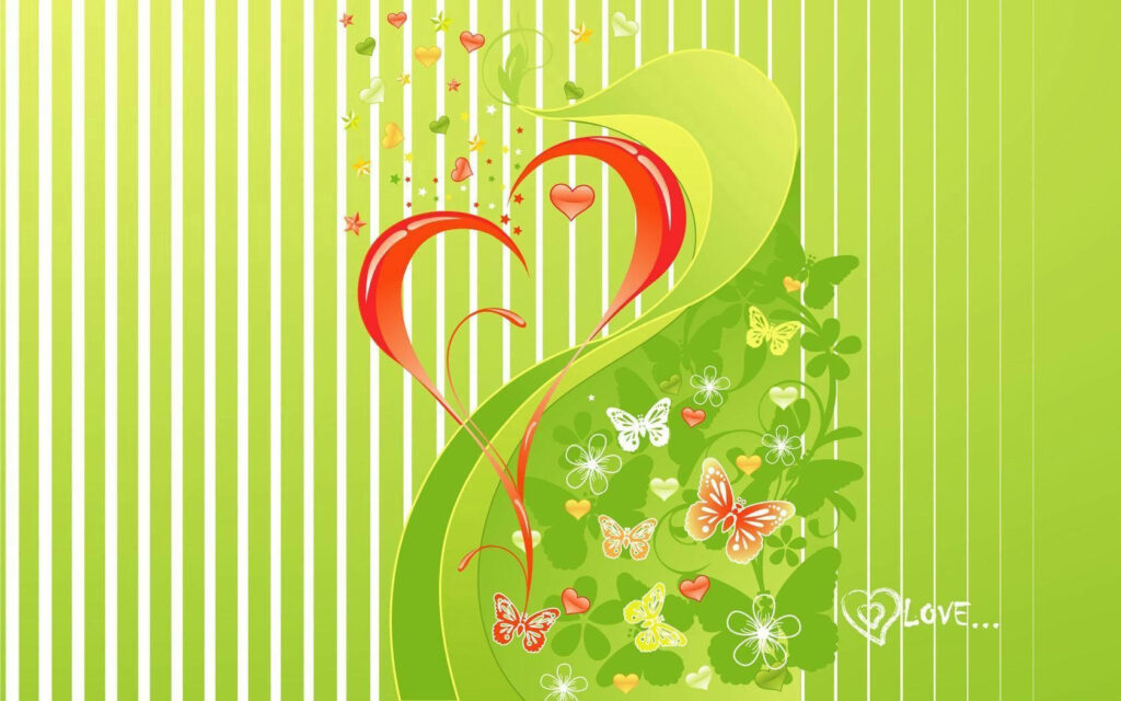 Vibrant Green Butterfly Floral Wallpaper with Intertwined Hearts