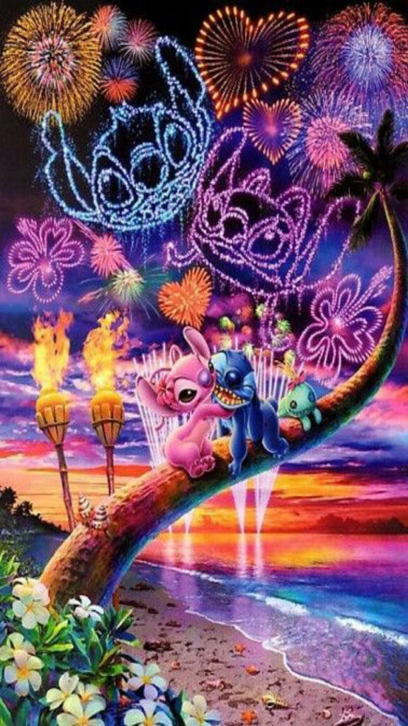 Playful Fireworks and Sunset Beach: Vibrant Tropical Background Wallpaper