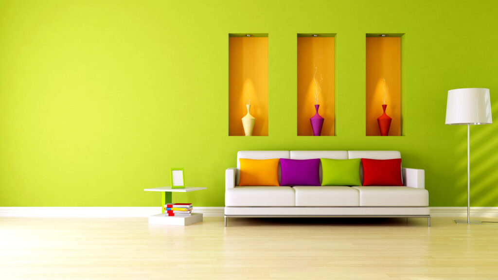Vibrant Interior Design with Green Wall & Colorful Accents Wallpaper