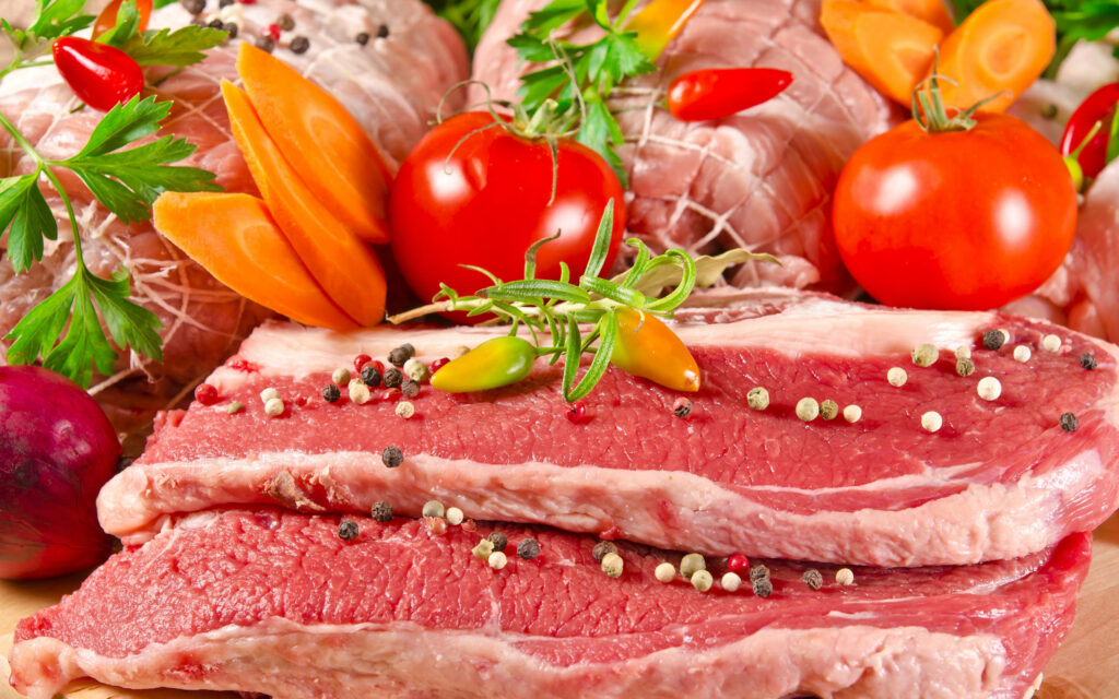 Vibrant Beef Wallpaper: Fresh Meat, Spices & Veggies Display