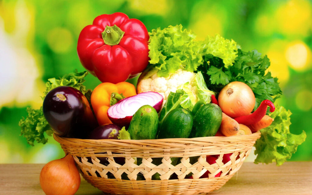 Vibrant Vegetable Wallpaper: Fresh Basket on Nature-Inspired Background