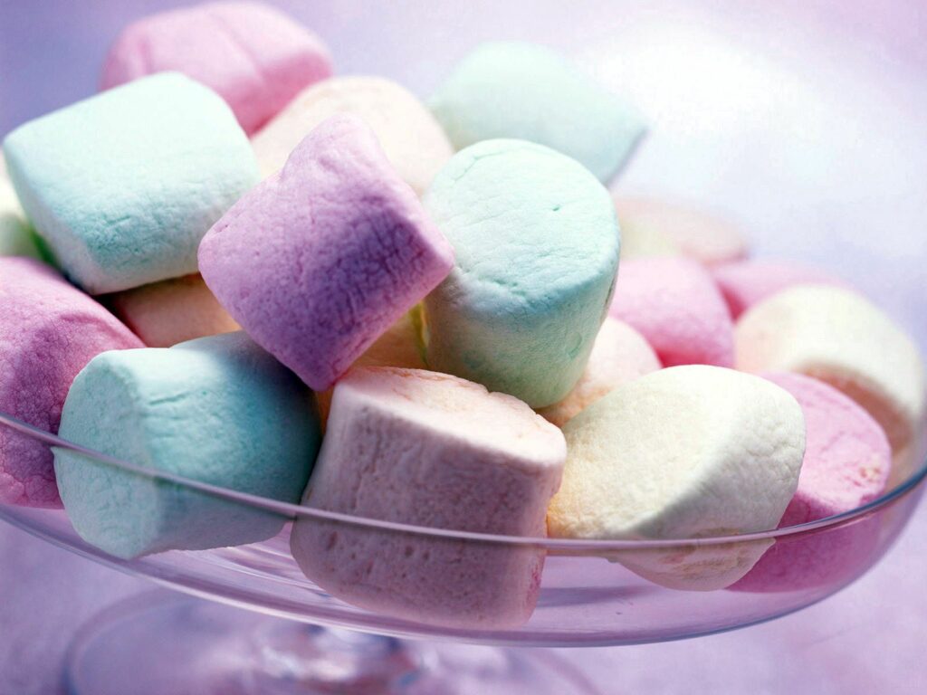 Colorful Marshmallows in a Glass Bowl - Vibrant Pastel Wallpaper