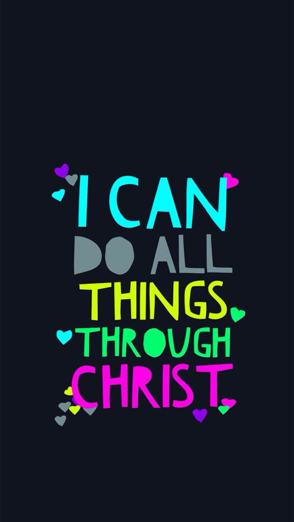 Colorful 'I Can Do All Things' Wallpaper with Hearts on Dark Background