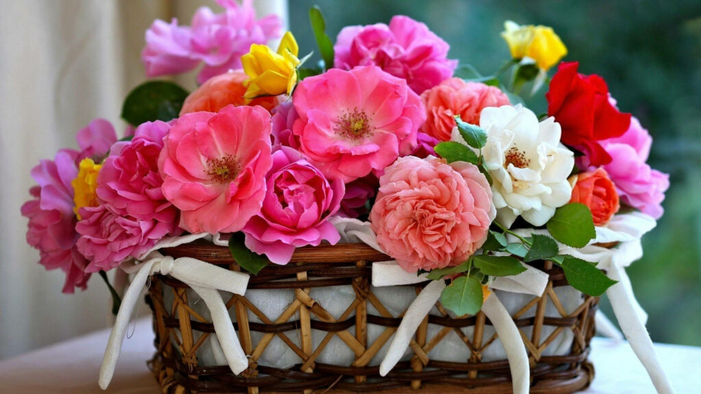 Vibrant Floral Wallpaper: Lush Basket of Blooming Roses Background