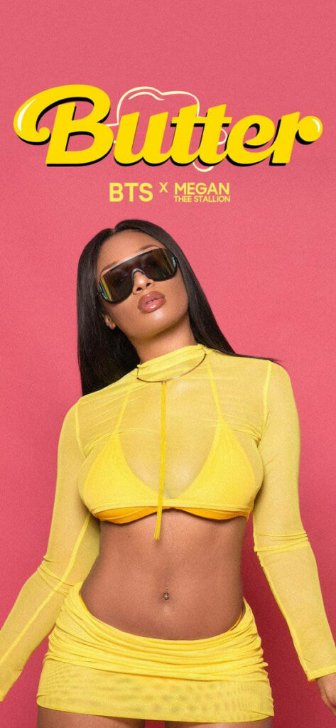 Vibrant Wallpaper of Megan Thee Stallion & BTS Butter on Pink Background