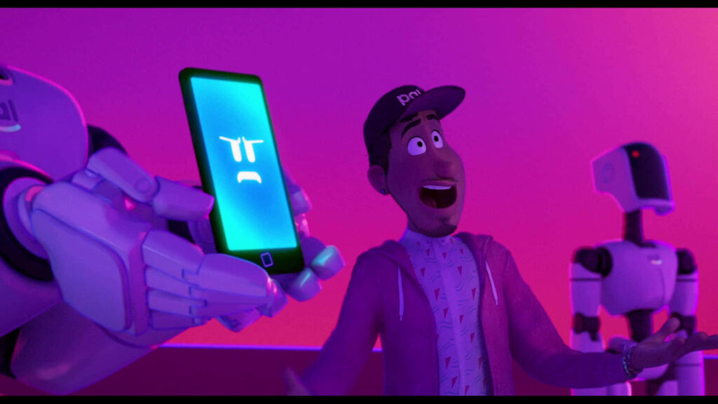 Vibrant Wallpaper: Robot with Phone on Pink & Purple Background