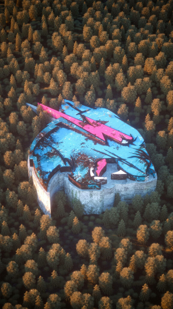 Vibrant Wallpaper: Giant Mr. Beast Logo Amidst Forest Stadium