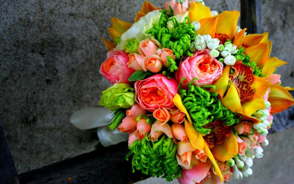 Vibrant Flower Bouquet Wallpaper: Yellow, Pink & Green Elegance