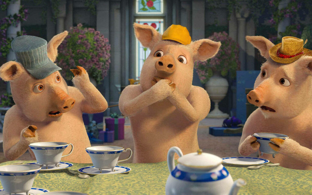 Vibrant Wallpaper: Three Little Pigs from Shrek the Third Enjoying Tea