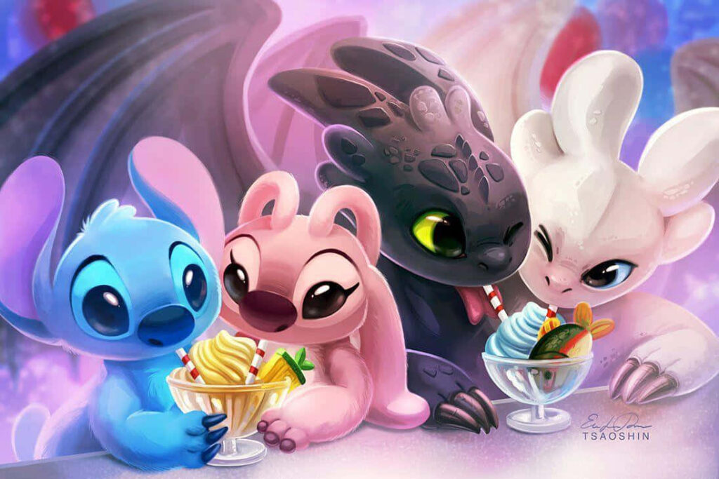 Toothless & Stitch's Colorful Double Date Wallpaper with Ice Cream