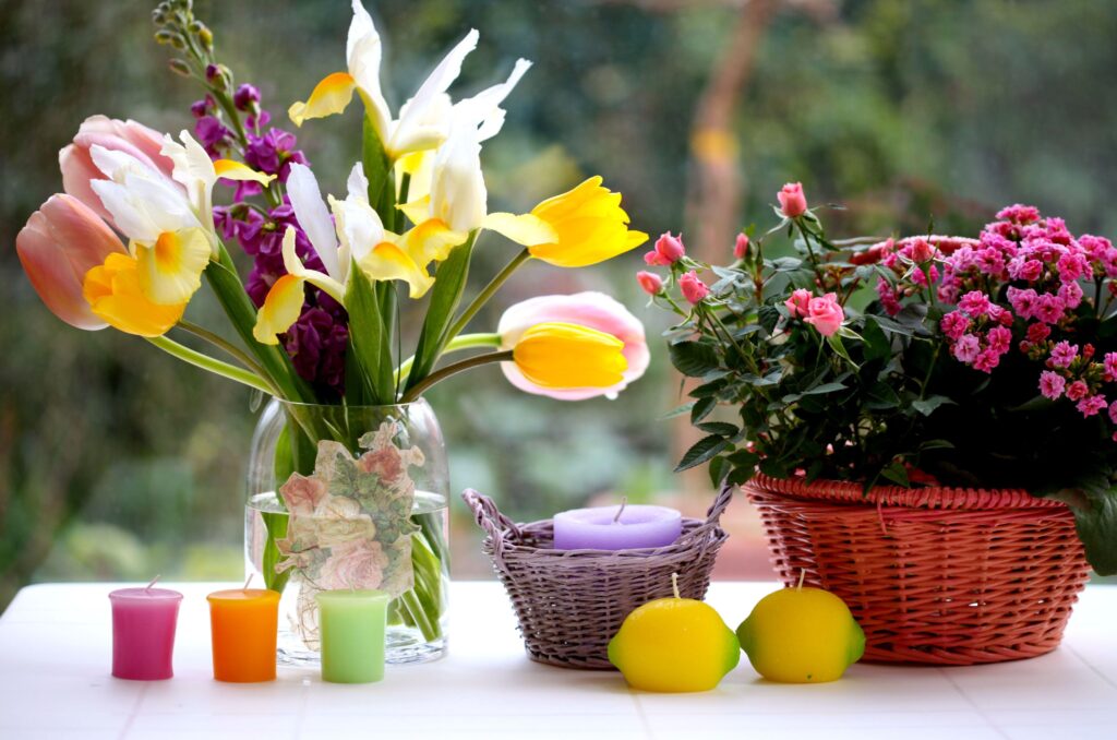Vibrant Floral Wallpaper: Yellow Tulips, Irises & Pink Roses
