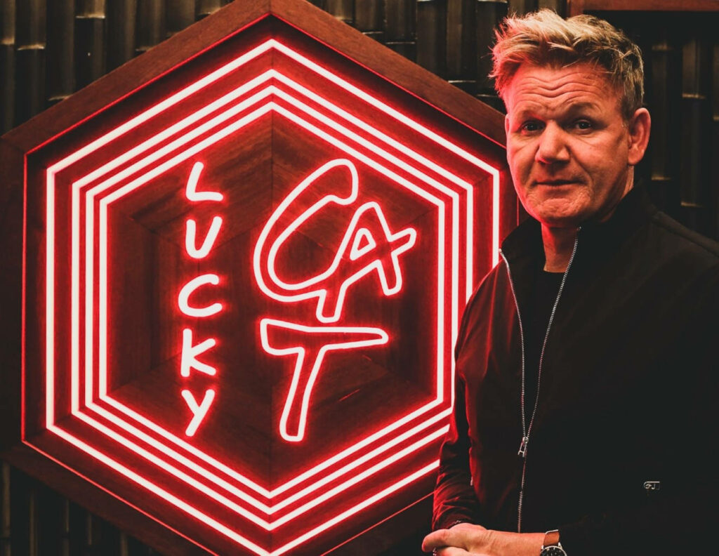 Stylish Gordon Ramsay Wallpaper: Neon 'Lucky Cat' Background