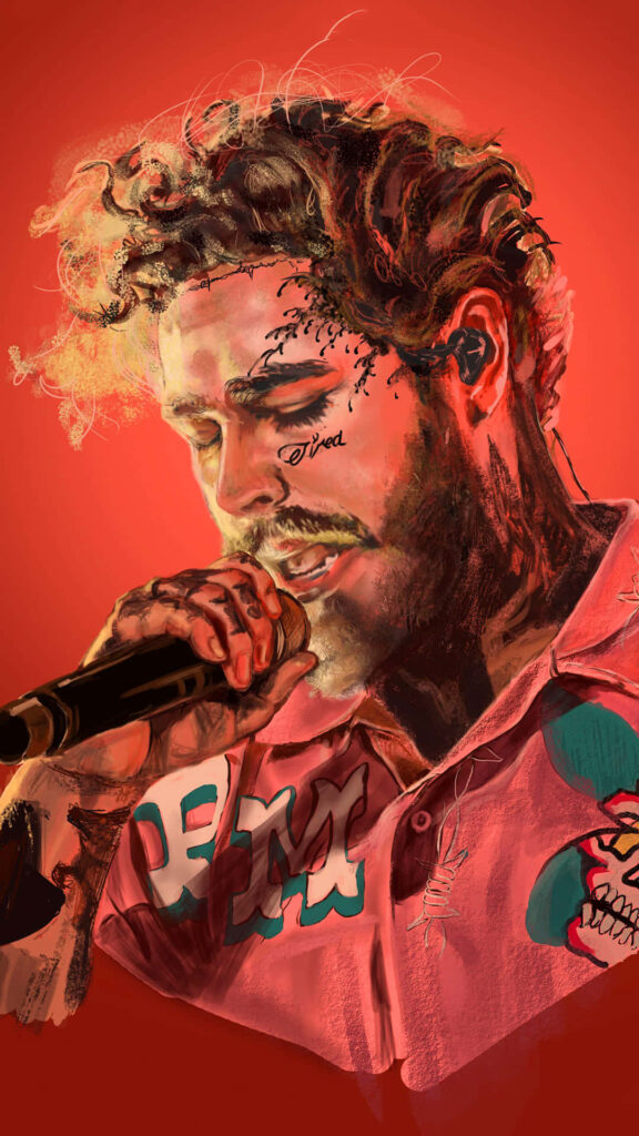 Vibrant Post Malone Wallpaper: Contemplative Pose on Bold Red