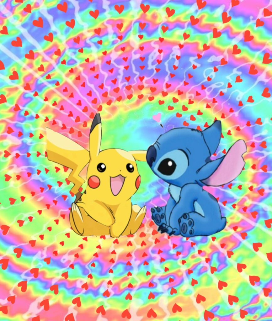 Vibrant Wallpaper with Playful Blue Alien & Colorful Heart Background