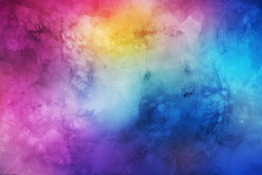 Vibrant watercolor gradient wallpaper flowing from magenta purple to cyan with golden glow background