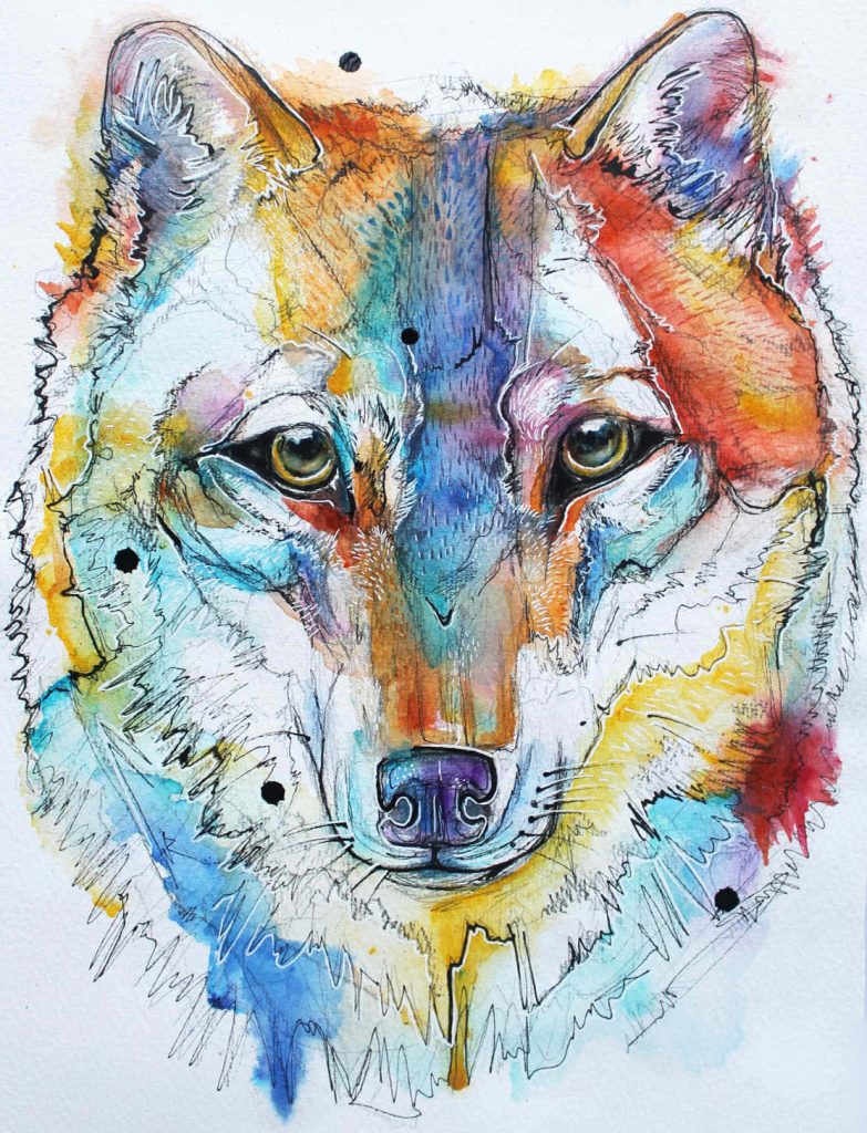 Vibrant watercolor wolf portrait with ink outlines and rainbow blues yellows and purples wallpaper