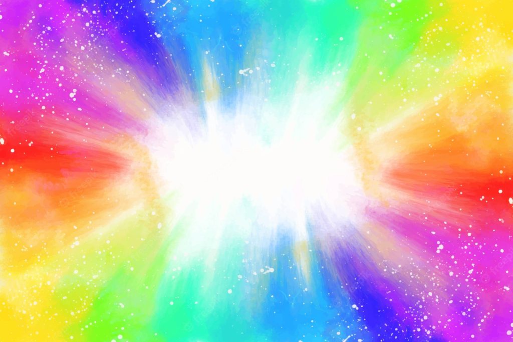 Vibrant watercolor rainbow background with radiant spectrum colors and white splatter effects Wallpaper