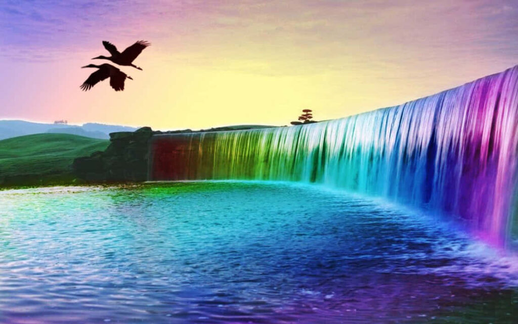 Vibrant Waterfall Wallpaper: Tranquil Pool & Sunset Landscape