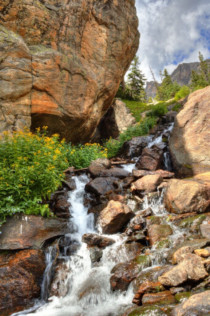 Vibrant waterfall cascading over rocks surrounded by lush greenery and wildflowers wallpaper background
