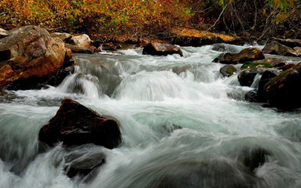Vibrant waterfall cascading over rugged rocks with lush grass and autumn foliage wallpaper background