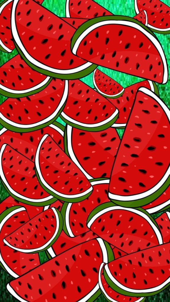 Cute watermelon digital art wallpaper with vibrant red slices on textured green background
