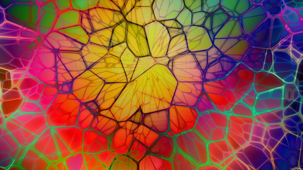 Vibrant abstract cellular grid wallpaper with stained glass and butterfly wing patterns in yellow red and blue