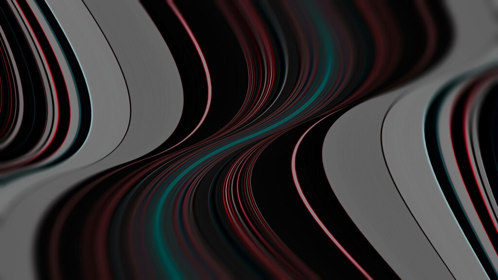 Vibrant Swirls: Hypnotic 4k Wallpaper featuring Dynamic Gray, Pink, Turquoise, and Maroon Waves on a Mysterious Dark Canvas