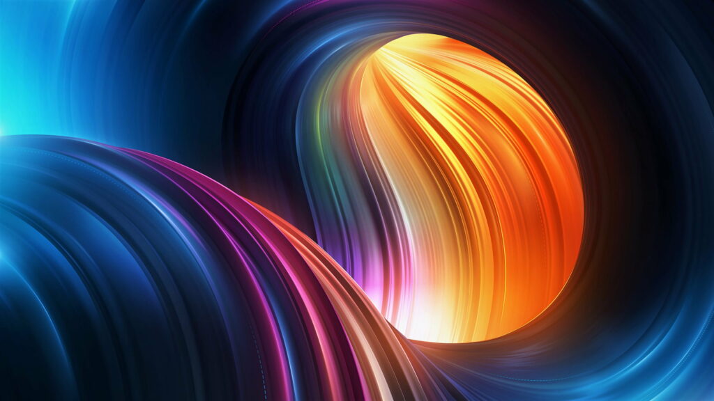 3D abstract wallpaper with glowing orange magenta and blue flowing light waves tunnel effect