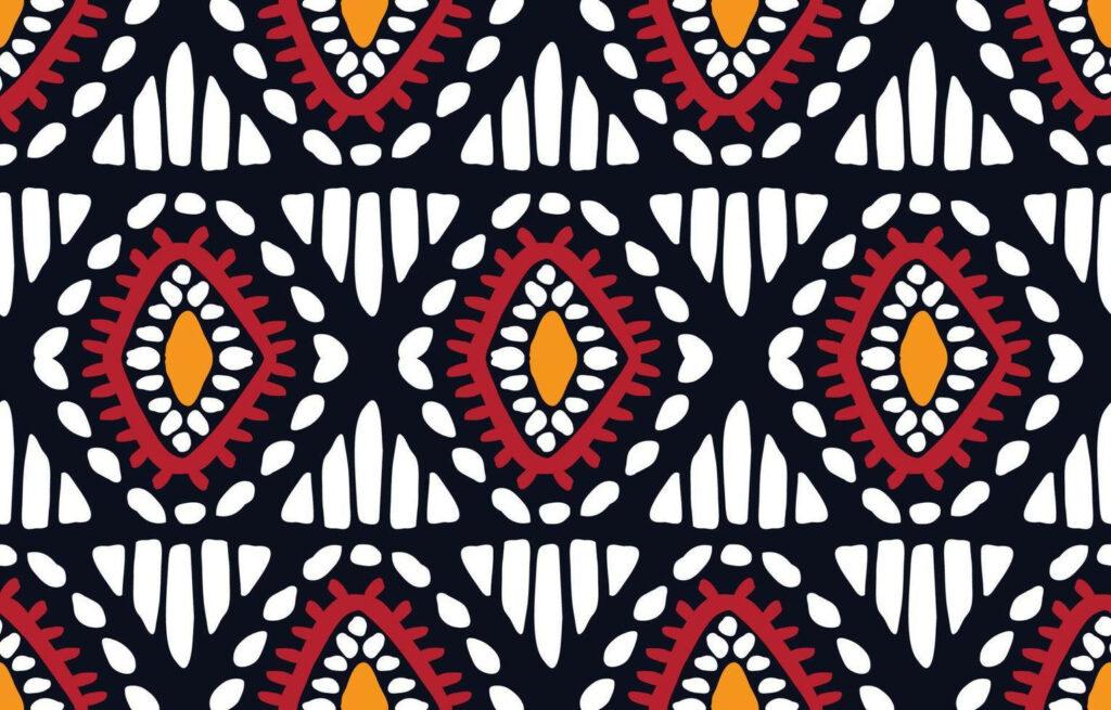 Bold Black Wallpaper: Red Geometric Wax Fabric Design with White & Yellow