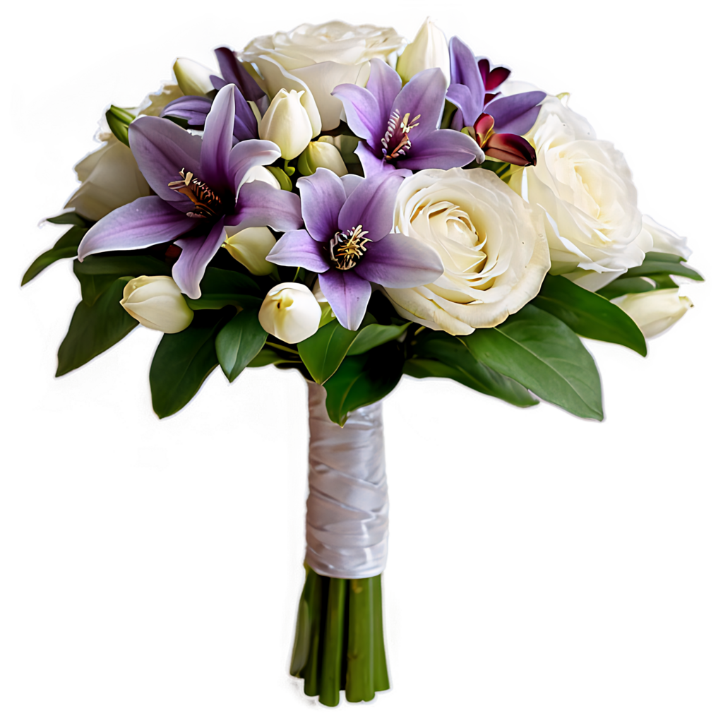 Vibrant Wedding Bouquet: Purple Lilies & White Roses with Ribbon Wallpaper