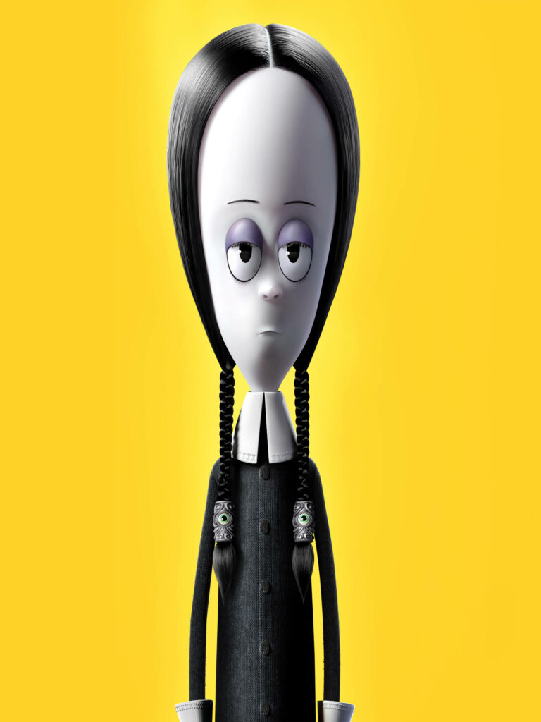 Vibrant Wednesday Addams Wallpaper: Pigtails & Yellow Backdrop