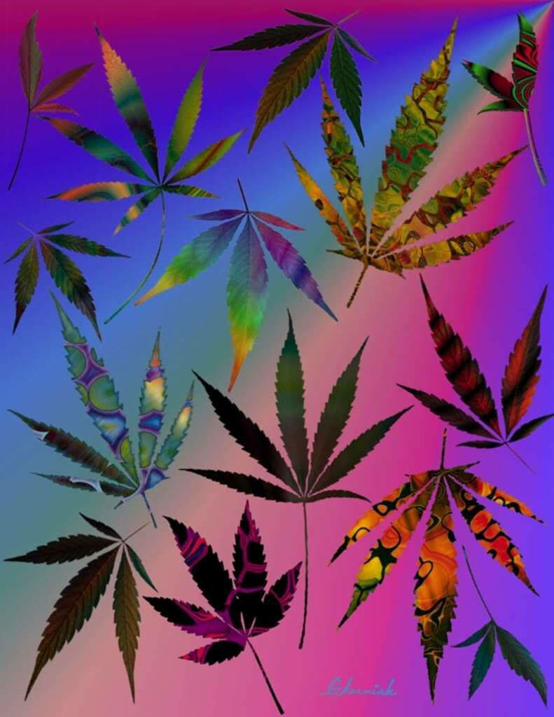 Colorful Weed Leaf Wallpaper with Rainbow Gradient Background