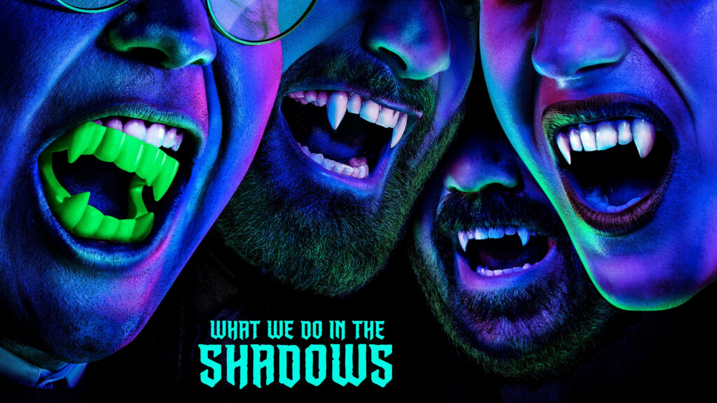 Vibrant What We Do in the Shadows Wallpaper with Neon Vampire Fangs