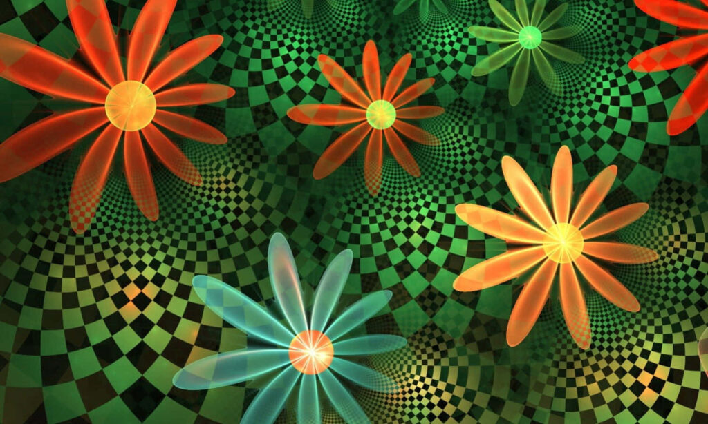 Vibrant Floral Wallpaper: Kawaii Design on Checkered Green Background
