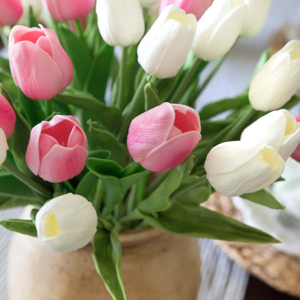 Spring Floral Background: Vibrant Pink & White Tulips in Rustic Vase Wallpaper